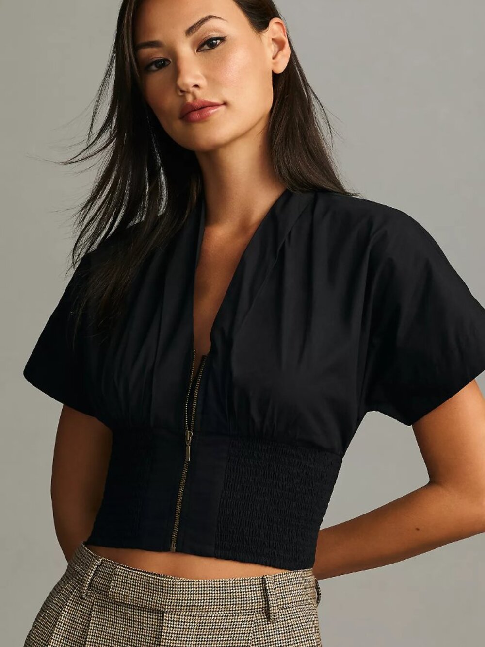 Anthropologie Maeve Short-Sleeve Zip-Front Blouse Medium Black
